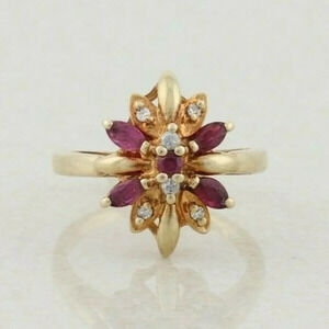 10k Yellow Gold Natural Ruby and Diamond Flower Ring Size 5 1/4